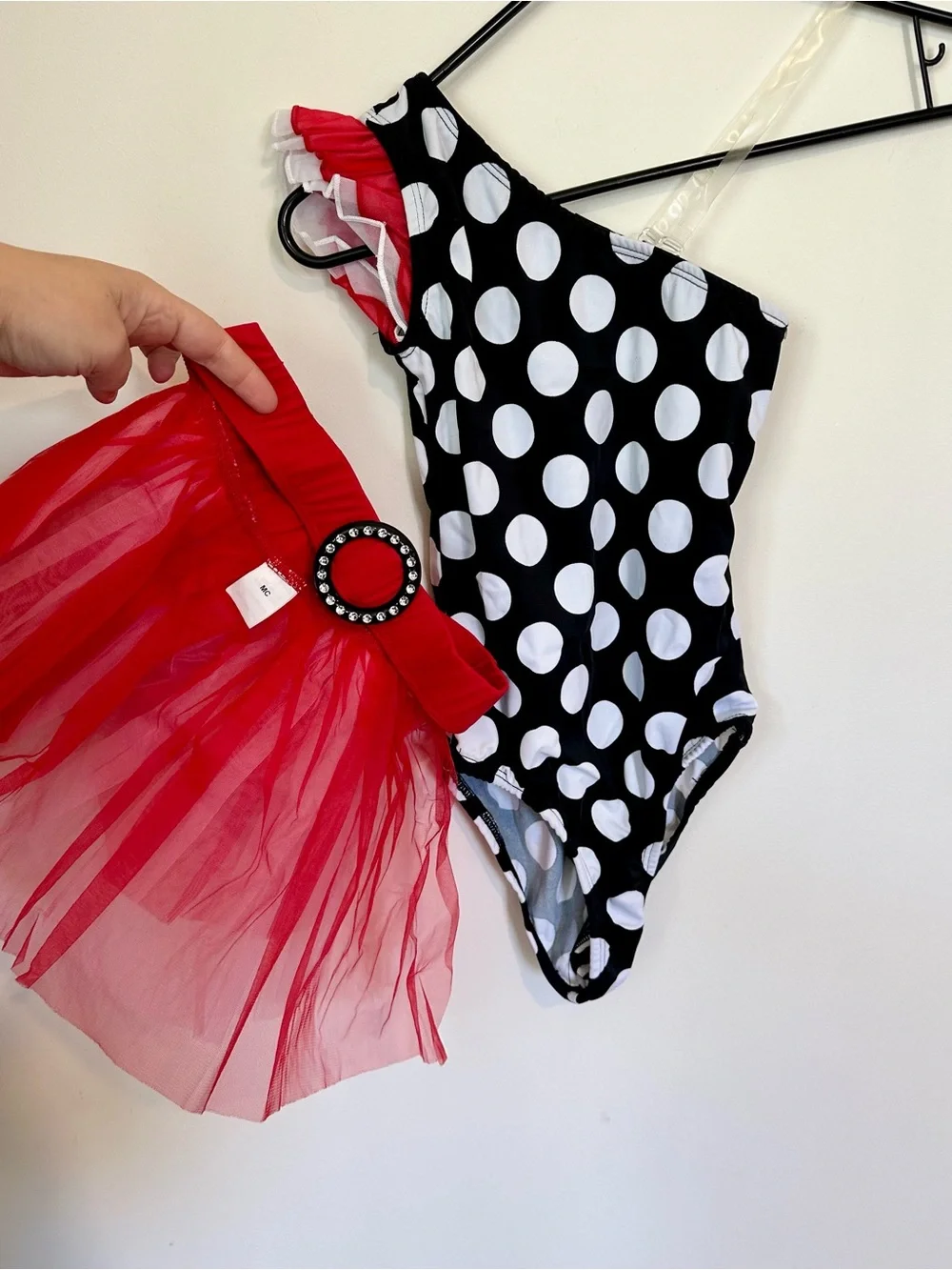 NEW Black & White Polka Dot One-Shoulder Dance Leotard with Red Tutu Skirt